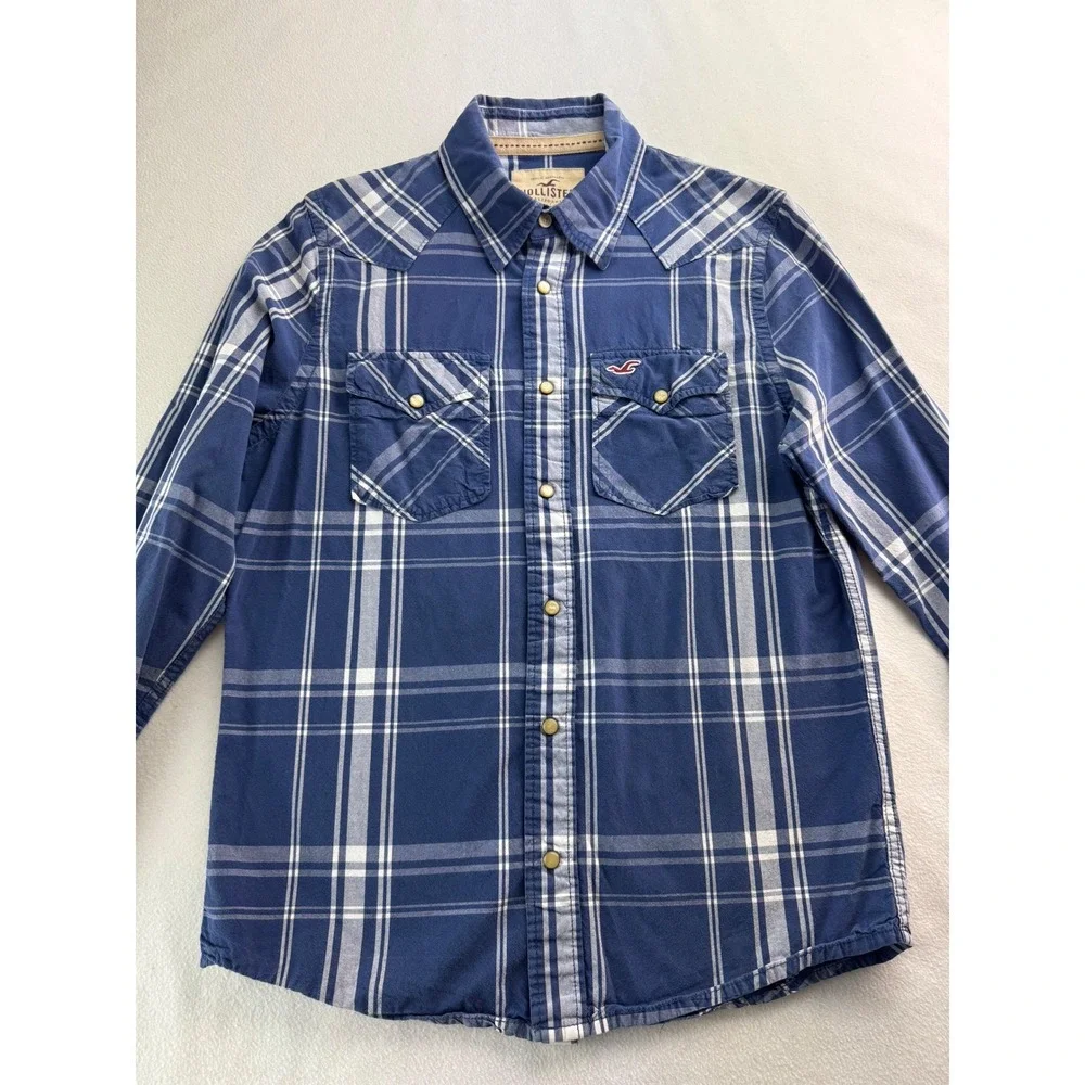 Hollister Big‎ Boys Blue Plaid Western Pearl Snap Long Sleeve Shirt Medium
